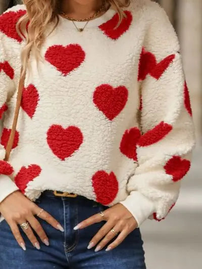 Fuzzy Heart Dropped Shoulder Sweatshirt - Nikki’s Place