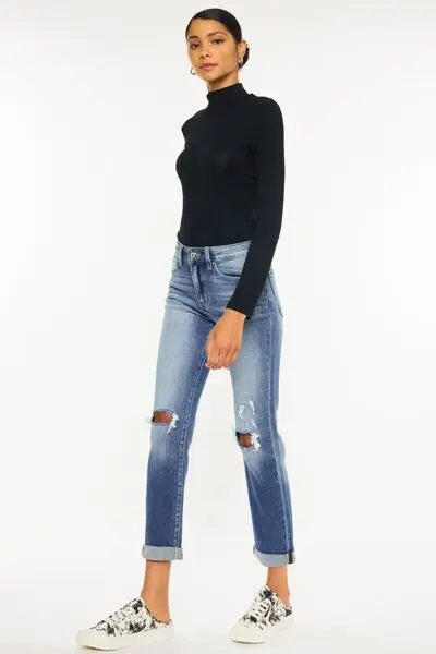 Kancan High Waist Distressed Hem Detail Cropped Straight Jeans - Nikki’s Place