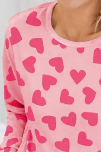 Heart Print Round Neck Top and Shorts Lounge Set - Nikki’s Place