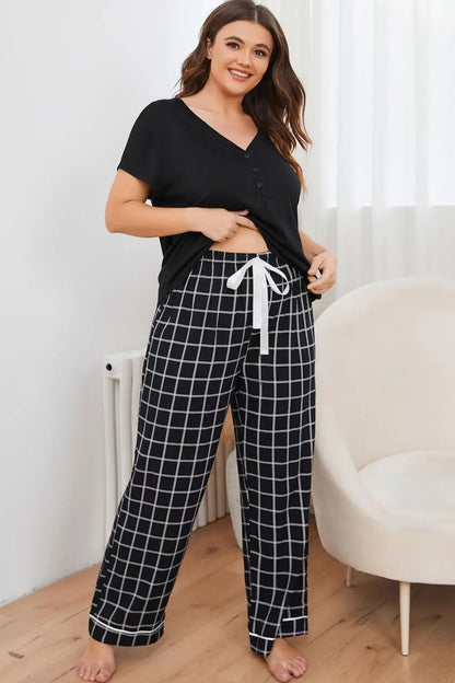 Plus Size V-Neck Top and Plaid Pants Lounge Set - Nikki’s Place