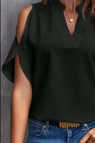 Notched Cold Shoulder Blouse - Nikki’s Place