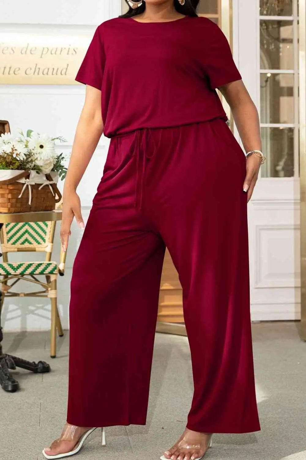 Plus Size Drawstring Waist Short Sleeve Jumpsuit - Nikki’s Place