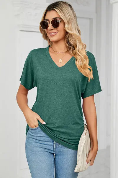 Ruched V-Neck Short Sleeve T-Shirt - Nikki’s Place