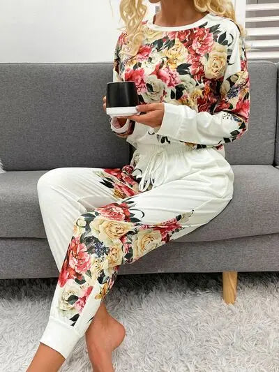 Printed Round Neck Top and Drawstring Pants Lounge Set - Nikki’s Place