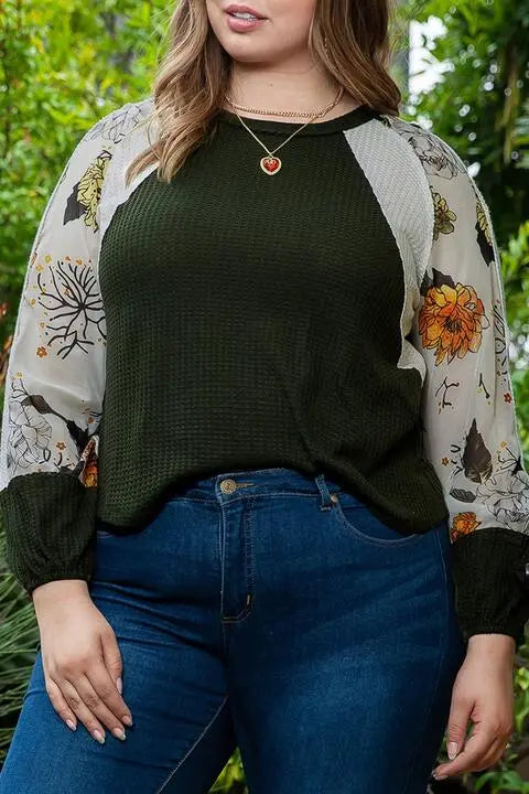 PlusSizeFashion, FloralBlouse, WaffleKnitTop, RoundNeckStyle, CurvyFashion, VersatileBlouse, EverydayElegance, ComfortableChic, FloralPrint, FashionForAllSizes, StylishCurves, CasualFeminine, CurveAppeal, WearableArt, FashionStatement