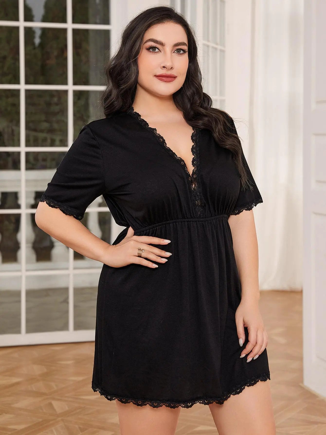 Plus Size Lace Trim Deep V Night Dress - Nikki’s Place