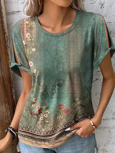 Printed Round Neck Short Sleeve T-Shirt - Nikki’s Place