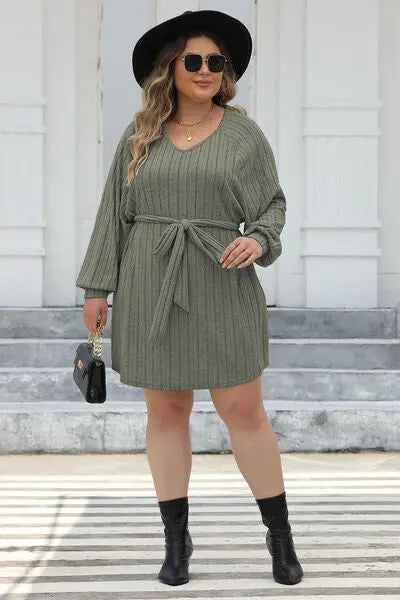 Plus Size Ribbed Tie Front Long Sleeve Sweater Dress - Nikki’s Place