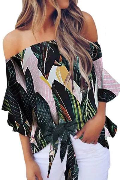 Tied Printed Off-Shoulder Half Sleeve Blouse - Nikki’s Place