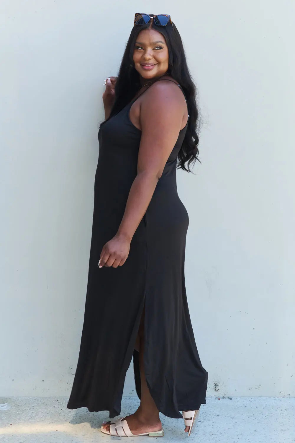 Ninexis Good Energy Regular/Full Size Cami Side Slit Maxi Dress in Black - Nikki’s Place