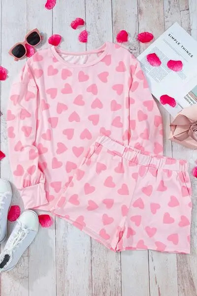 Heart Print Round Neck Top and Shorts Lounge Set - Nikki’s Place