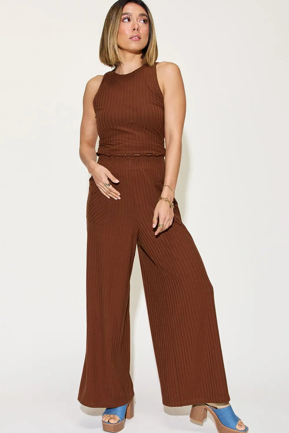 Basic Bae Full Size Ribbed Tank and Wide Leg Pants Set - Nikki’s Place