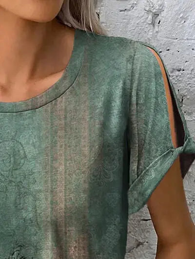 Printed Round Neck Short Sleeve T-Shirt - Nikki’s Place