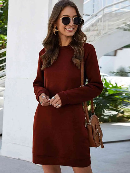 Round Neck Long Sleeve Mini Dress with Pockets - Nikki’s Place