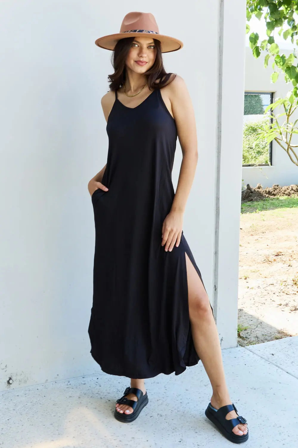 Ninexis Good Energy Regular/Full Size Cami Side Slit Maxi Dress in Black - Nikki’s Place