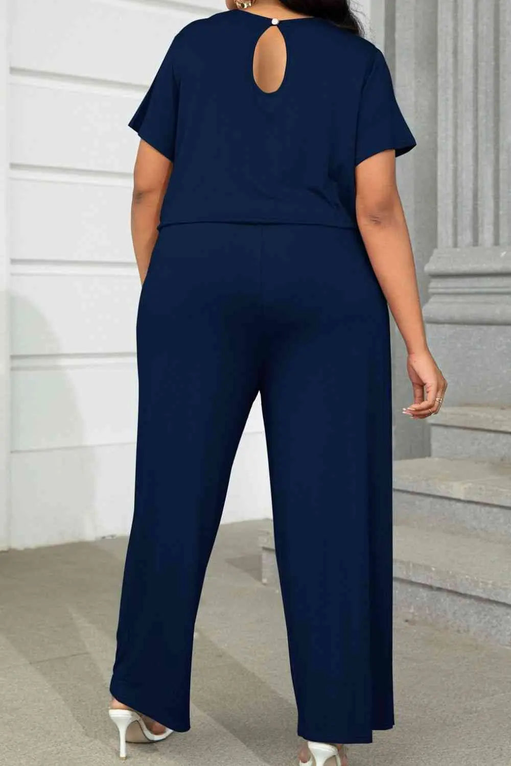 Plus Size Drawstring Waist Short Sleeve Jumpsuit - Nikki’s Place