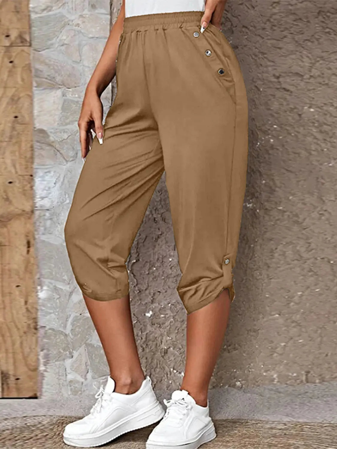 Full Size Roll-Tab Capris Pants - Nikki’s Place