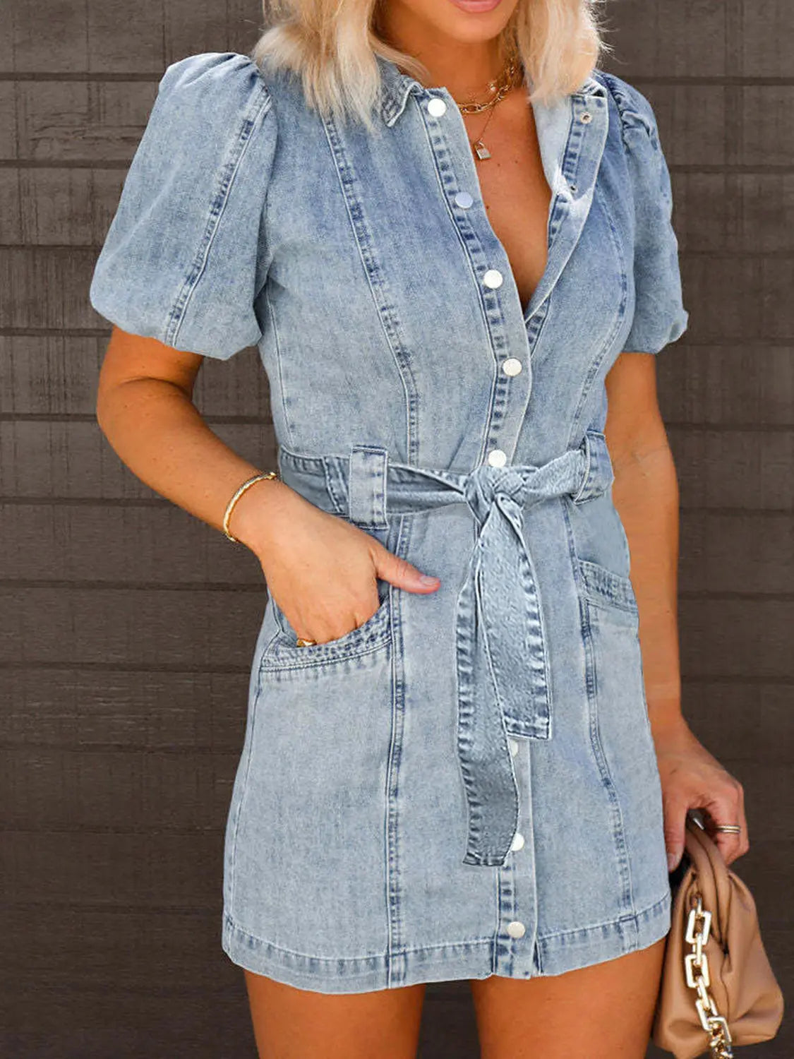 Puff Sleeve Button Up Mini Denim Dress - Nikki’s Place