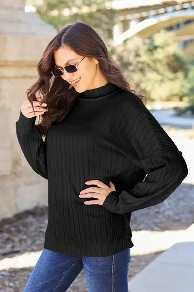 Basic Bae Full Size Ribbed Exposed Seam Mock Neck Knit Top - Nikki’s Place