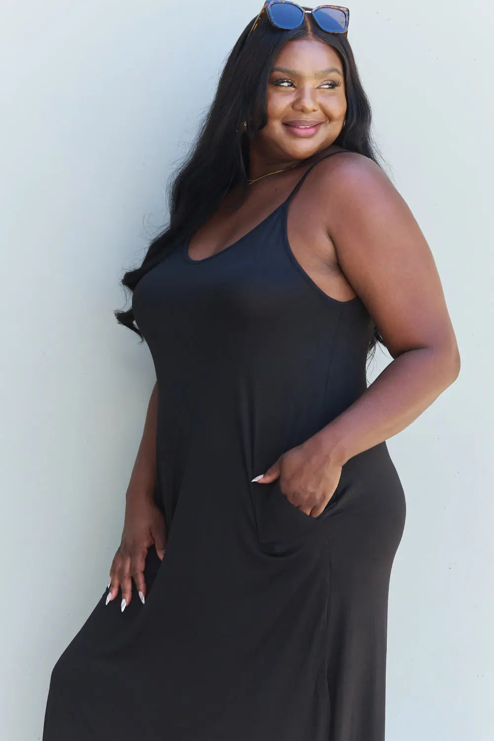 Ninexis Good Energy Regular/Full Size Cami Side Slit Maxi Dress in Black - Nikki’s Place