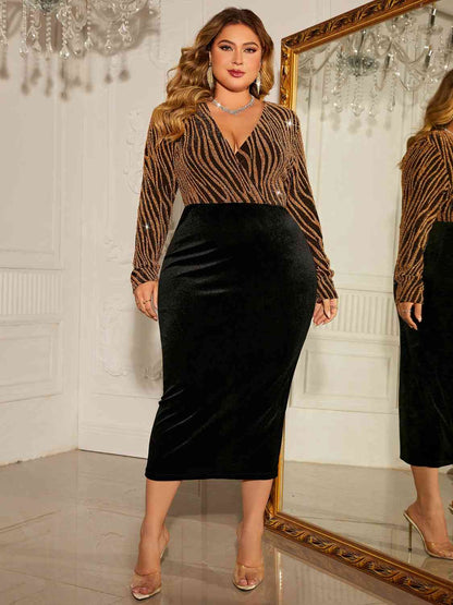 Plus Size Surplice Neck Long Sleeve Slit Dress - Nikki’s Place