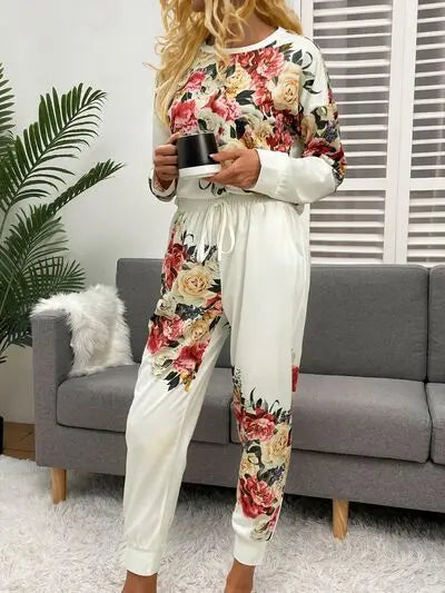 Printed Round Neck Top and Drawstring Pants Lounge Set - Nikki’s Place