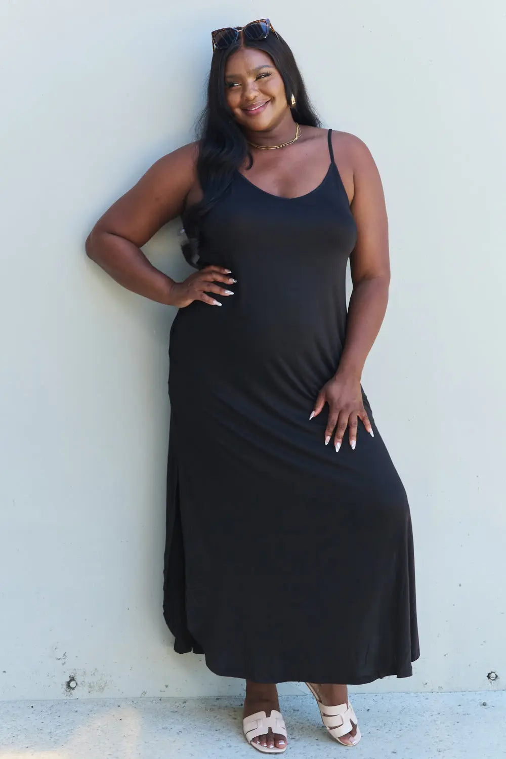 Ninexis Good Energy Regular/Full Size Cami Side Slit Maxi Dress in Black - Nikki’s Place