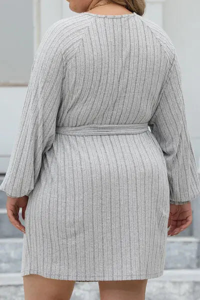 Plus Size Ribbed Tie Front Long Sleeve Sweater Dress - Nikki’s Place