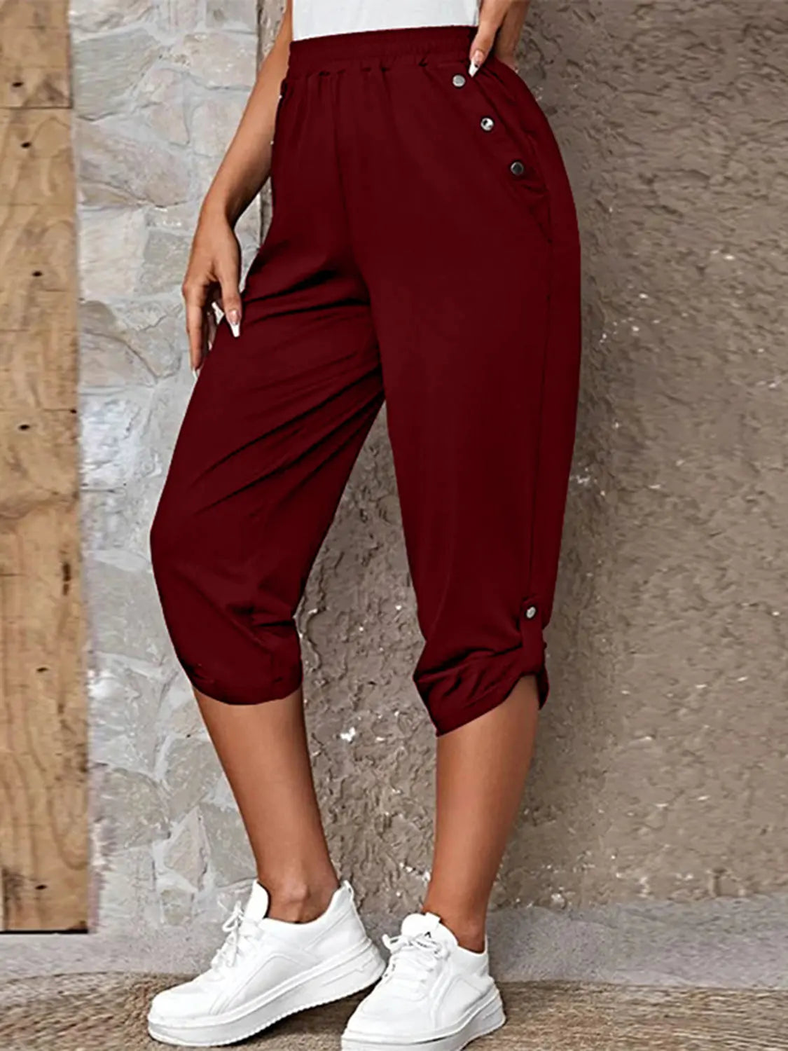 Full Size Roll-Tab Capris Pants - Nikki’s Place