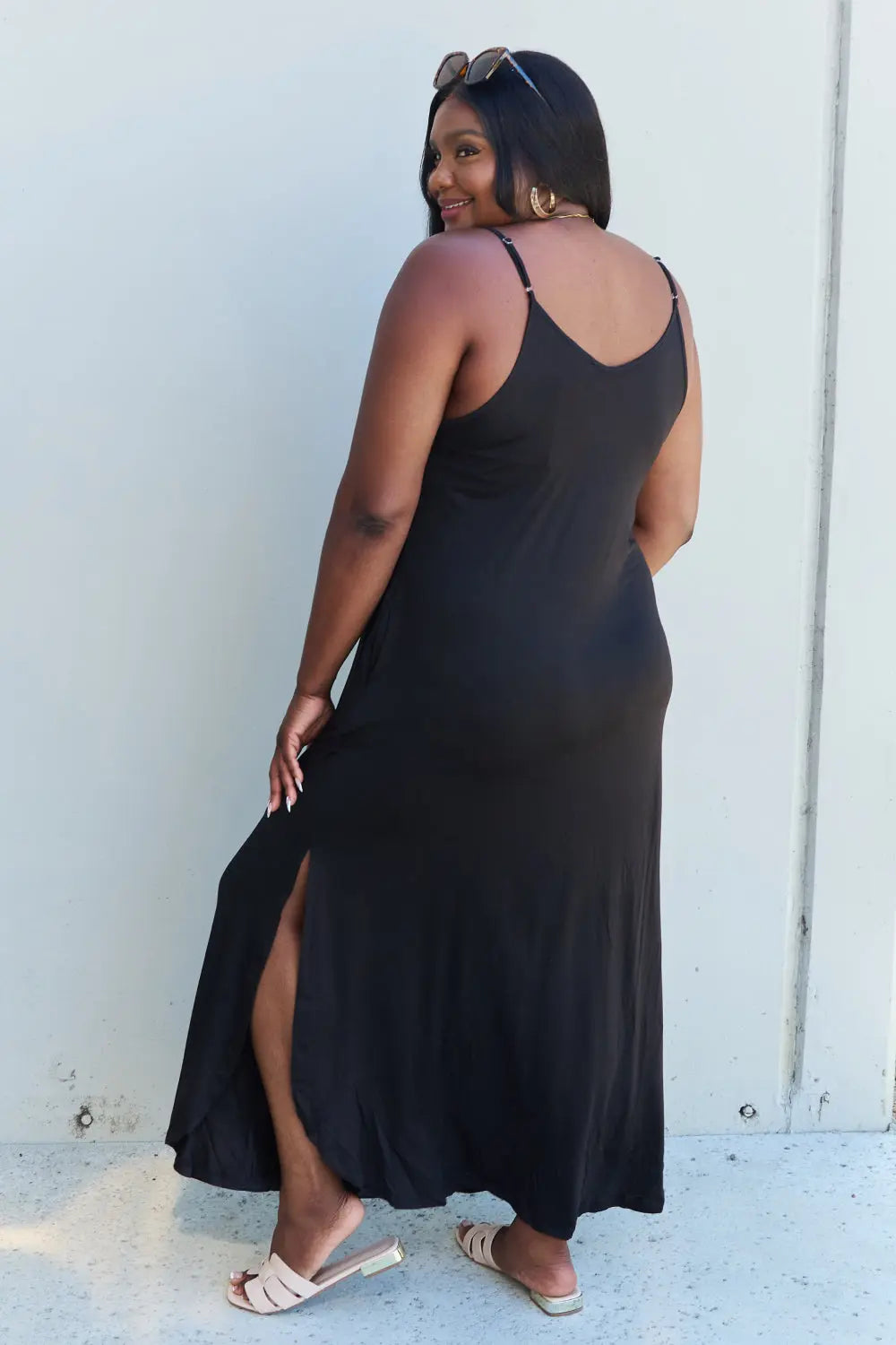 Ninexis Good Energy Regular/Full Size Cami Side Slit Maxi Dress in Black - Nikki’s Place