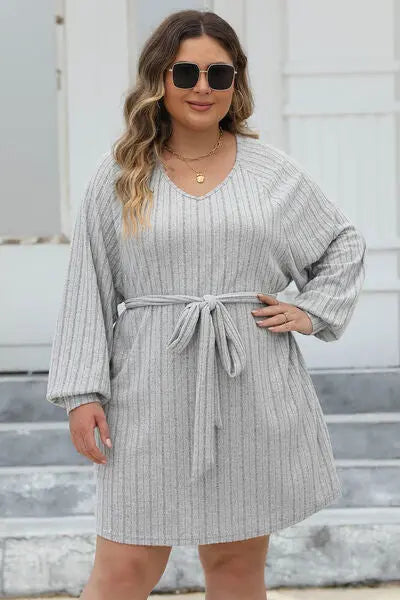 Plus Size Ribbed Tie Front Long Sleeve Sweater Dress - Nikki’s Place