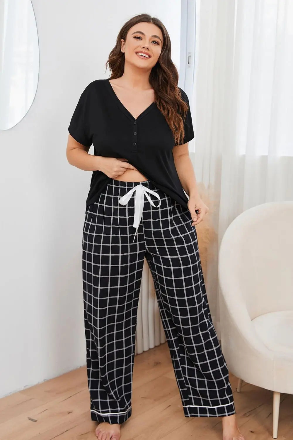 Plus Size V-Neck Top and Plaid Pants Lounge Set - Nikki’s Place