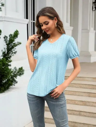 Eyelet Round Neck Short Sleeve Blouse - Nikki’s Place