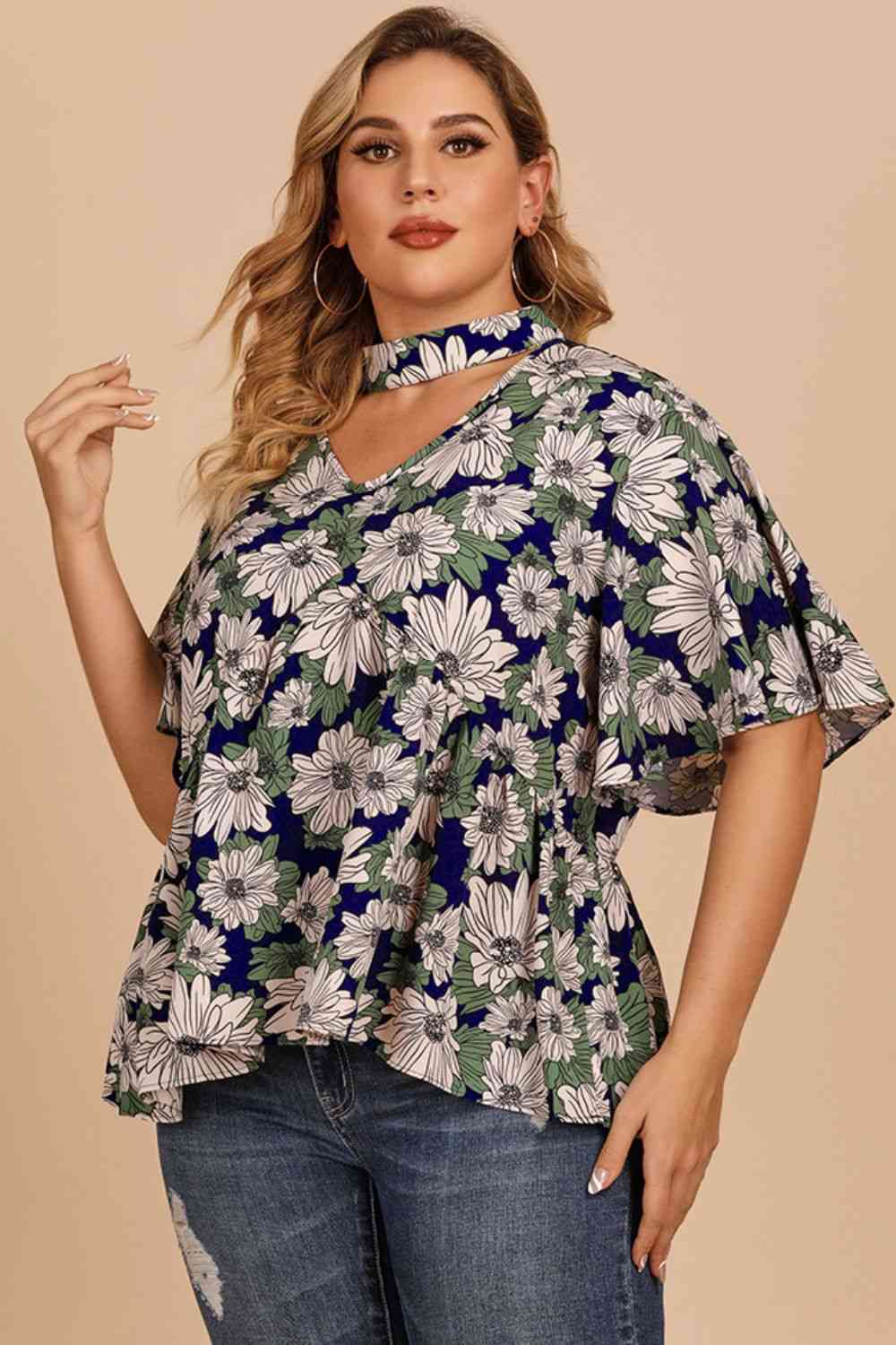 Plus Size Floral Flutter Sleeve Cutout Blouse - Nikki’s Place