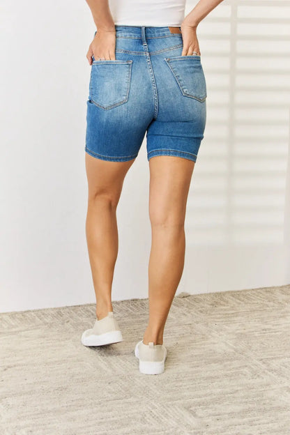 Judy Blue Regular/ Full Size Tummy Control Double Button Bermuda Denim Shorts - Nikki’s Place