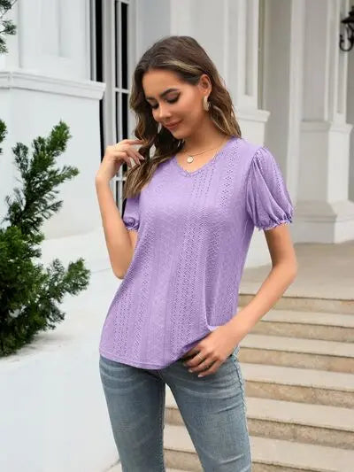 Eyelet Round Neck Short Sleeve Blouse - Nikki’s Place