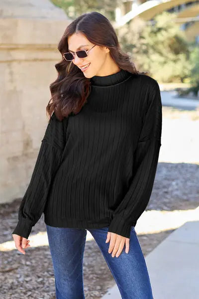 Basic Bae Full Size Ribbed Exposed Seam Mock Neck Knit Top - Nikki’s Place