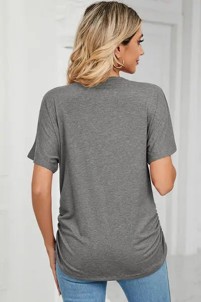 Ruched V-Neck Short Sleeve T-Shirt - Nikki’s Place