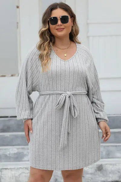 Plus Size Ribbed Tie Front Long Sleeve Sweater Dress - Nikki’s Place