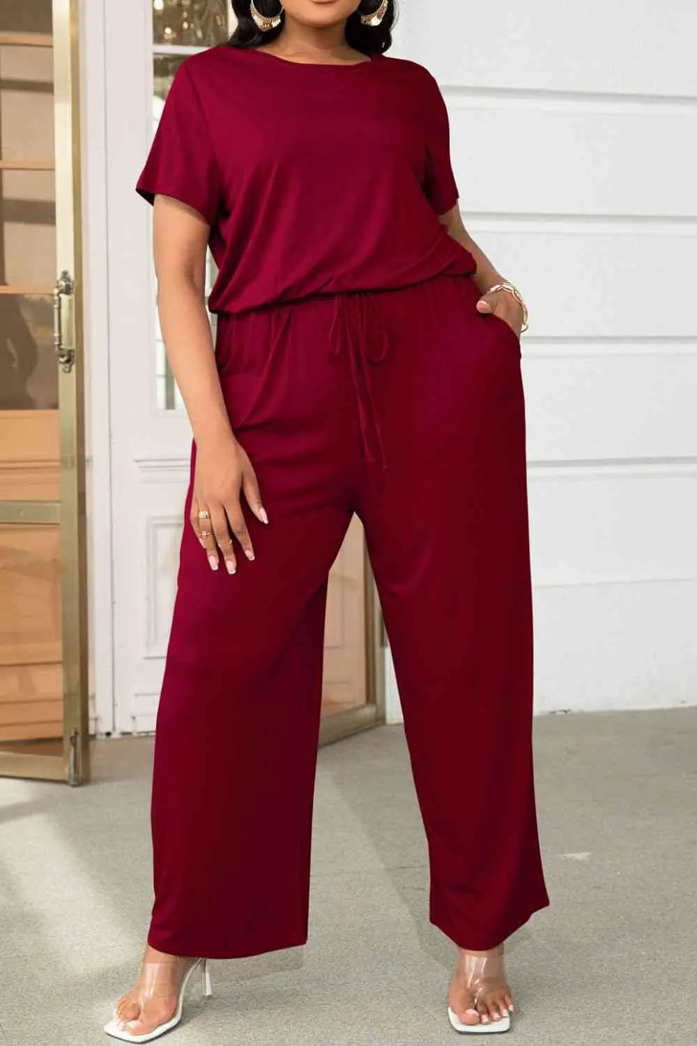 Plus Size Drawstring Waist Short Sleeve Jumpsuit - Nikki’s Place