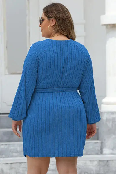 Plus Size Ribbed Tie Front Long Sleeve Sweater Dress - Nikki’s Place