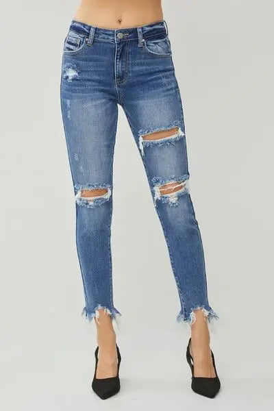 RISEN Distressed Frayed Hem Slim Jeans - Nikki’s Place