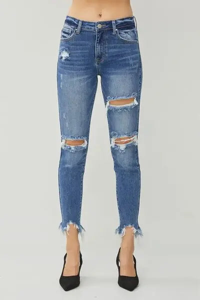 RISEN Distressed Frayed Hem Slim Jeans - Nikki’s Place