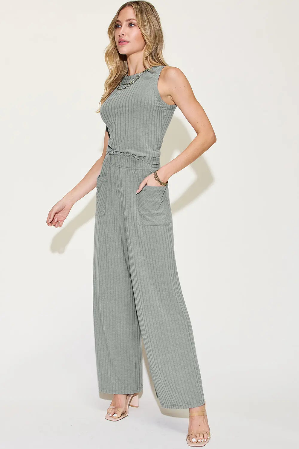 Basic Bae Full Size Ribbed Tank and Wide Leg Pants Set - Nikki’s Place