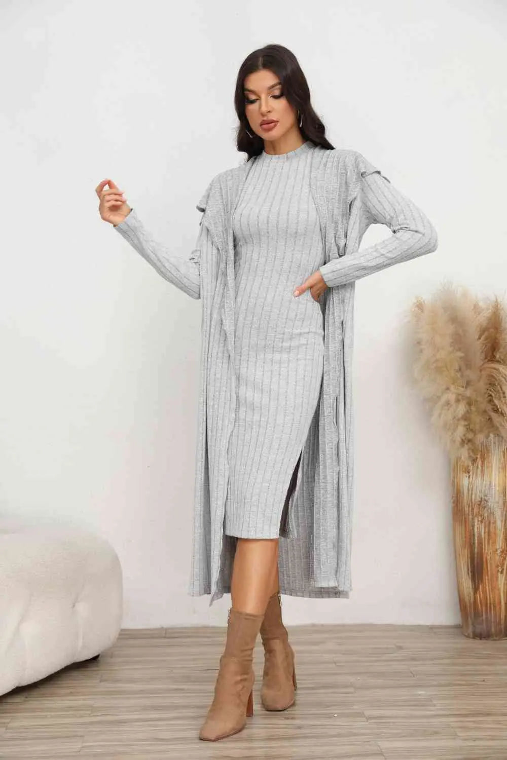 Slit Dress and Longline Cardigan Set - Nikki’s Place