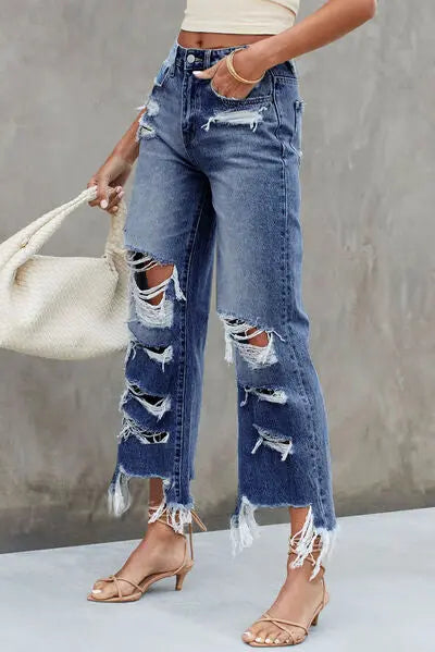 Distressed Raw Hem Jeans with Pockets - Nikki’s Place