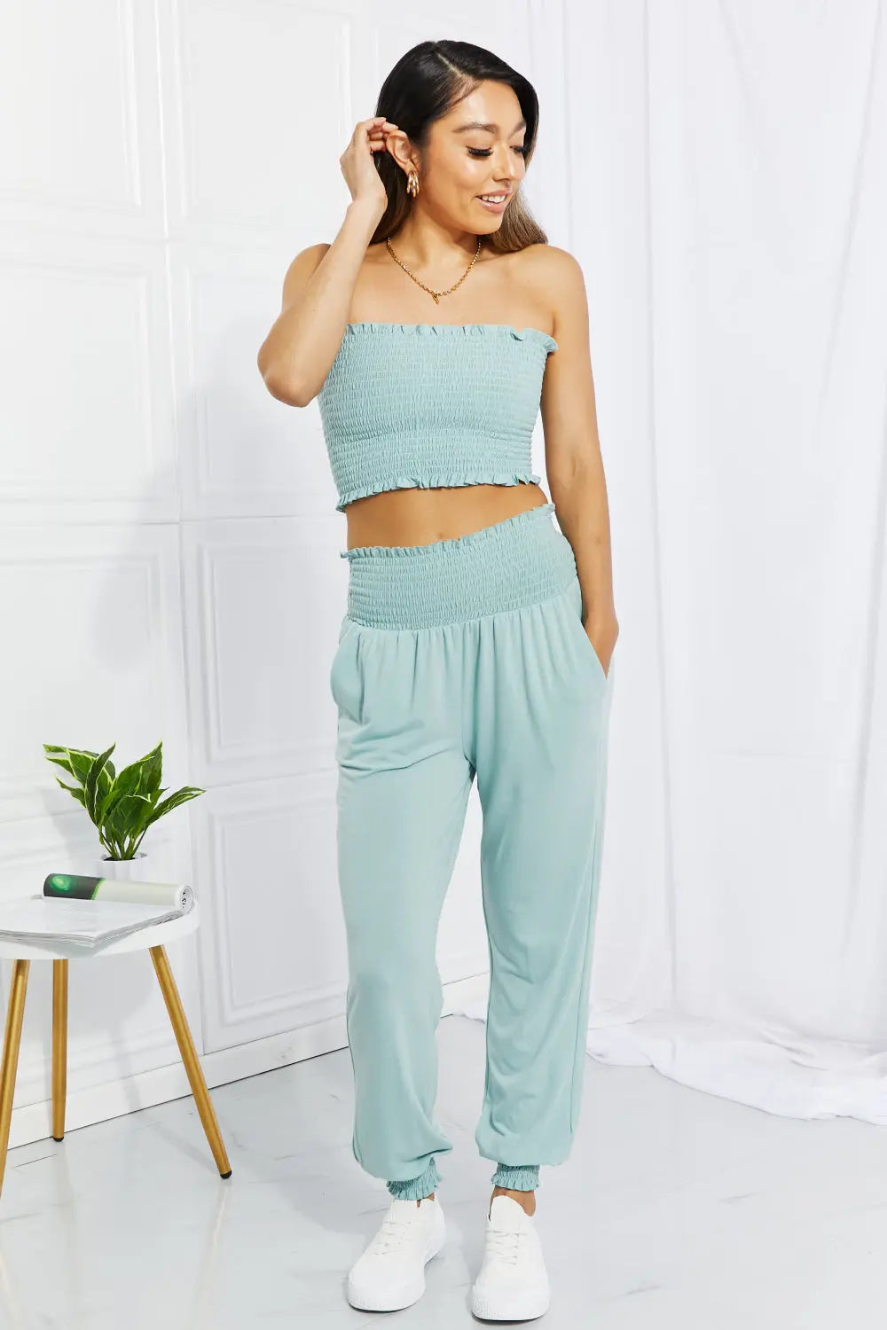 Zenana Full Size Stylish Comfort Smocked Tube Top &amp; Joggers Set - Nikki’s Place