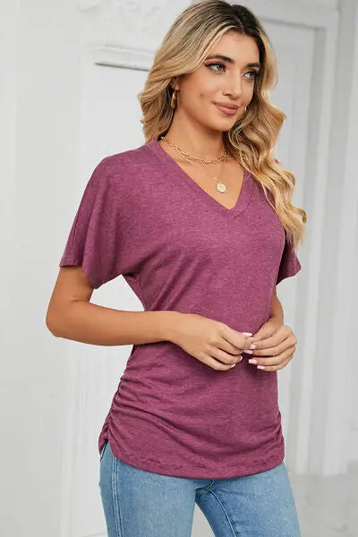 Ruched V-Neck Short Sleeve T-Shirt - Nikki’s Place