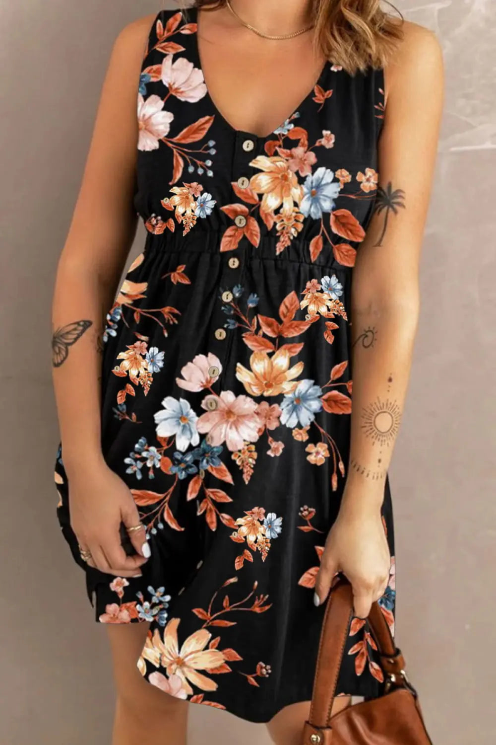 Double Take Printed Scoop Neck Sleeveless Buttoned Magic Dress with Pockets - Nikki’s Place