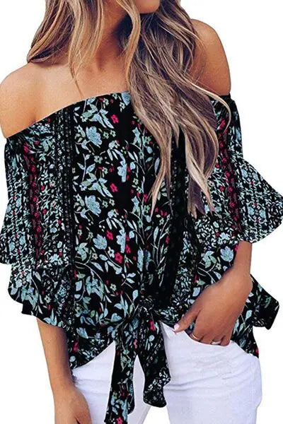 Tied Printed Off-Shoulder Half Sleeve Blouse - Nikki’s Place